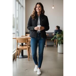 Gallery Petite Black Quilted Jacket Small Zip Front Structured Workwear Coat